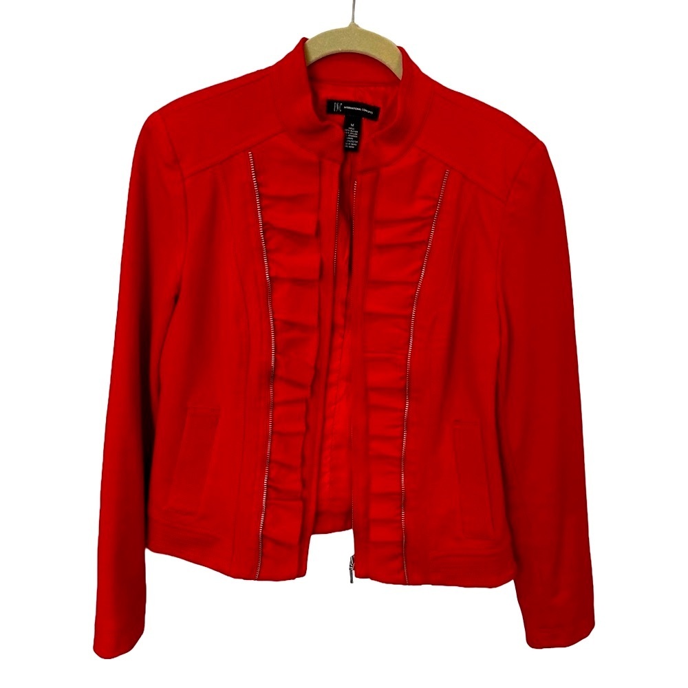 INC Red Ruffled Front Zip Jacket M